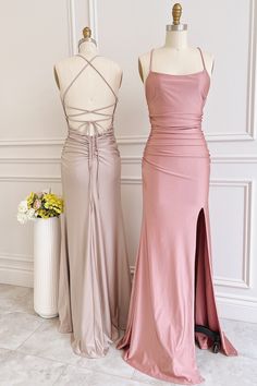 Dusty Pink Satin Lace-Up Sheath Long Bridesmaid Dress with Slit Simple Elegant Wedding Dress, Prom Dress Pictures, Mermaid Bridesmaid Dresses, Long Bridesmaid Dress, Mermaid Fashion, Elegant Wedding Dress, Dress Picture, Mermaid Dresses, Pink Silk