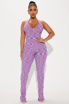 Available In Purple/combo. Sweater Jumpsuit Halter V Neck Backless Straight Leg Stretch Inseam= 34" 82% Rayon 17% Nylon 1% Spandex Imported | Your Type Sweater Jumpsuit in Purple size XS by Fashion Nova Casual High Stretch Elastane Jumpsuits And Rompers, Casual Elastane Unitard For Loungewear, Multicolor Stretch Bodysuit Casual Style, Casual Multicolor Stretch Bodysuit, Multicolor Stretch Sleeveless Activewear, Stretch Racerback Jumpsuits And Rompers, Sporty Pink Fitted Jumpsuits And Rompers, Casual Fitted Racerback Bodysuit, Fitted Purple Jumpsuits And Rompers For Loungewear