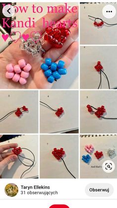 the instructions for how to make an earring out of candy hearts are shown in pictures