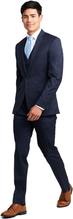 Slim Fit Suits With Single Button And Notch Lapel, Slim Fit Single Button Suit With Notch Lapel, Navy Suits With Double Button Closure For Office, Navy Fitted Suit With Notch Lapel, Navy Double-button Suits For Office, Navy Office Suits With Double Button Closure, Navy Suits For Office Wear With Collar, Fitted Navy Suit For Business Casual, Navy Fitted Suit For Office Wear