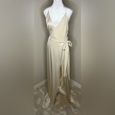 Halston Heritage Cream Dress Cream A-line Maxi Dress For Evening, Formal Spring Floor-length Slip Dress, Chic Cream Cocktail Maxi Dress, Chic Cream Maxi Dress For Cocktail, Cream Sleeveless Maxi Dress For Evening, Cream Silk Dress For Date Night, Silk Cream Dress For Date Night, Chic Spring Silk Gown, Chic Silk Gown For Spring