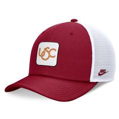 Show off your USC Trojans spirit with this Legacy Rise Mascot Trucker Adjustable hat from Nike. This cap features a roomy, high-depth design that's perfect for both sport and style. The embroidered throwback team patch across the front panels adds a touch of classic flair, while the four mesh mid and rear panels provide a breezy feel, ensuring you stay cool and comfortable all day long. This hat offers a comfortable and structured fit with a mid crown, making it an ideal choice for any USC Trojans fan. Sporty Adjustable Nike Trucker Hat, Nike Sporty Adjustable Trucker Hat, Nike Casual Trucker Hat For Sports, Nike Casual Sports Trucker Hat, White Curved Brim Trucker Hat For College, Nike Sports Hat With Curved Brim, Nike Casual Trucker Hat For Sports Events, Casual Nike Trucker Hat For Sports Events, Casual Nike Snapback Trucker Hat