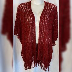 Super Pretty Burgundy Open Knit Lightweight Fringe Sweater. Please No Low Ball Offers. Bundles Always Get A Discount. Please Check Measurements Before Purchasing. Condition: Nwt Measurements- Total Length: 36” Including Fringe Very Flowy Smoke Free Home But I Have A Small Dog. Thanks For Checking Out My Closet! Red Bohemian Knit Sweater, Red Knitted One Size Sweater, One Size Red Knitted Sweater, One Size Red Knitted Cardigan, Black Open Knit Sweater, Grey Shrug, Poncho With Sleeves, Red Knit Cardigan, White Shrug