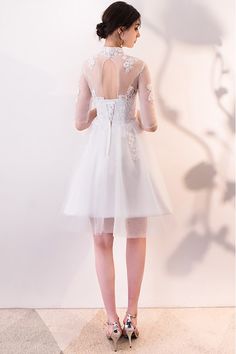 Gorgeous White Lace and Tulle Homecoming Dress with Sleeves - $71.1 #MXL86068 - SheProm.com A-line Lace Patchwork Dress For Banquet, Prom Dress With Illusion Neckline, Knee-length, Knee-length Lace Crochet Dress For Vacation, Prom Dress With Illusion Neckline, White Tulle Midi Dress For Wedding, Sheer Knee-length Prom Dress, Sheer Bodice A-line Dress For Banquet, A-line Banquet Dress With Sheer Bodice, White Tulle Dress With Illusion Neckline