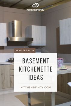 the kitchen is clean and ready to be used as a home decor item, with text overlay that reads basement kitchenette ideas