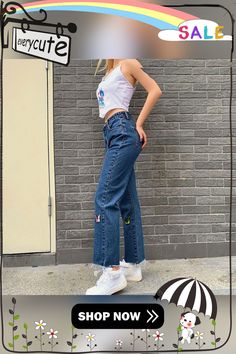 Weekeep Butterfly Embroidery Women Jeans High Waist Streetwear Casual Pants Fashion Straight Trousers Summer 2k Jeans Harajuku Trendy Cotton Bottoms With Letter Print, Casual Embroidered Wide Leg Jeans, Casual Wide Leg Embroidered Jeans, High Waist Denim Bottoms With Letter Print, Straight Leg Cotton Bottoms With Letter Print, High-waist Denim Bottoms With Letter Print, Trendy Embroidered Straight Leg Pants, Casual Embroidered Straight Leg Bottoms, Trendy Embroidered Mid-rise Bottoms