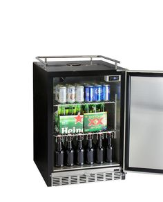 a mini fridge with its door open and beer bottles in the bottom compartment on wheels