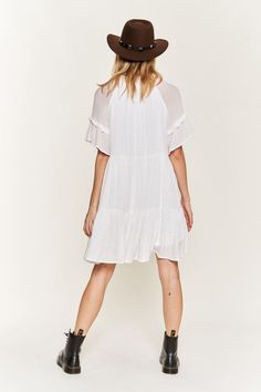 Short Sleeve Midi Dress with Adjustable Strap-Ruffled V-neckline with tie strap-Ruffled short sleeve-Ruffled hem-Relaxed fit-LinedFabric Contents: 100% POLYESTER Summer V-neck Tiered Dress For Daywear, Breezy V-neck Dress With Ruffle Hem, White V-neck Tiered Casual Dress, White V-neck Tiered Dress For Summer, Brunch Flutter Sleeve Tiered Dress With Ruffle Hem, Flutter Sleeve Tiered Dress With Ruffle Hem For Brunch, White V-neck Ruffle Dress, Brunch Tiered Dress With Flutter Sleeve And Ruffle Hem, Summer Flowy Tiered Dress With Ruffle Sleeves