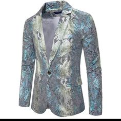 Very Prety Glimmer Colors Jacket With Lining. Silver Formal Blazer For Winter, Silver Winter Formal Blazer, Winter Long Sleeve Metallic Blazer, Metallic Long Sleeve Winter Blazer, Winter Metallic Long Sleeve Blazer, Formal Metallic Long Sleeve Outerwear, Metallic Long Sleeve Formal Outerwear, Silver Long Sleeve Blazer For Spring, Silver Long Sleeve Outerwear For Formal Occasions