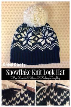 a knitted hat with flowers on it and the words snowflake knitt look hat