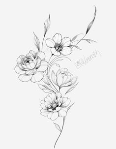 a black and white drawing of flowers with the word love written on it's side