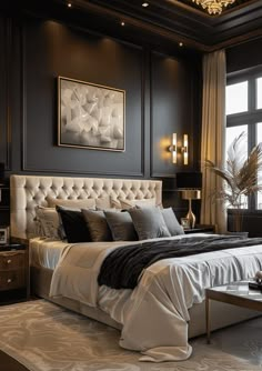 a large bed sitting in a bedroom under a chandelier next to a window