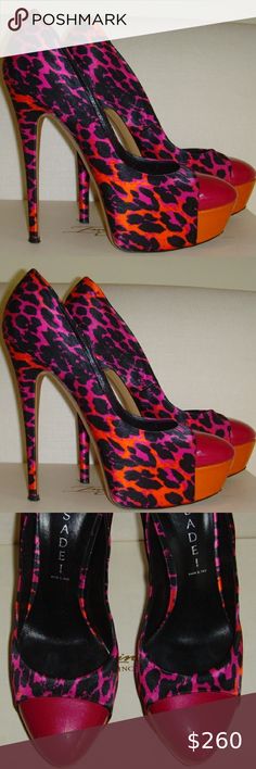 Casadei Leopard Print Pumps 7.5 Casadei - Size 7 1/2 leopard print satin pumps w/patent toe and platform in colors of hot pink, orange and black. Heel measures 5 1/2 inches high, with a 1 1/2 inch platform. Very good condition. Note: there are a couple for ver small marks on the toe of the left shoe. A couple of tiny black marks and one dot where pink color is off. Really not that noticeable at all. Gorgeous and unusual shoes! Casadei Shoes Platforms Bold Pink Heels, Unusual Shoes, Leopard Print Pumps, Satin Pumps, Black Heel, Pink Orange, Pink Color, Pink And Orange, Leopard Print