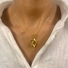 Star of David Necklace made of Gold Vermeil: 18k Gold over Solid 925 Sterling Silver ☞ made to last.Matching Ring & Matching Earrings ☞ please ask meDetails:• Gold Hebrew Necklace• Dimensions: Pendant Height 32mm, Width 20mm• Free Complimentary Chain• 18k Gold VermeilSKU P-1540 Gold Star Of David Jewelry Gift, Gold Star Of David Jewelry For Anniversary, Gold Sterling Silver Star Of David Necklace, Star Of David Yellow Gold Plated Jewelry, Hallmarked Star Of David Jewelry For Gift, Gold Star Of David Fine Jewelry, 14k Gold Star Of David Jewelry, Dainty Star Of David Jewelry For Anniversary, Symbolic Yellow Gold Star Of David Jewelry