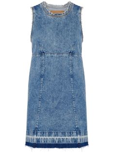 navy blue cotton denim washed appliqué detail frayed edge raw-cut finish crew neck sleeveless straight hem thigh-length Moschino Jeans, Sleeveless Denim Dress, Tank Dresses, City Dress, Airport Fashion, Denim Mini Dress, Summer Beach Wear, Well Dressed, Tank Dress