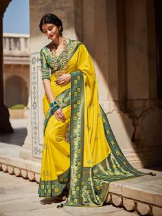 Yellow Silk Embellished Saree - Inddus.com Yellow Silk Saree, Latest Indian Saree, Lehenga Suit, Paithani Sarees, Yellow Silk, Art Silk Sarees, Trendy Sarees, Latest Sarees, Readymade Blouse