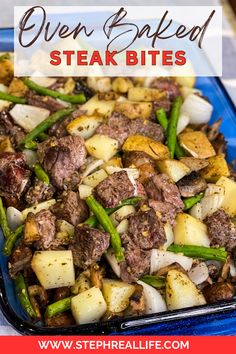 steak and potatoes with green beans in a blue dish