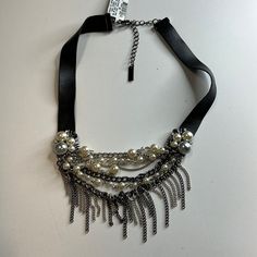 Stylish Layered Necklace By Inc International Concepts! Black Pleather Strap. Black And Silver Chain Fringe. Faux-Pearl Charms. Chain Strands. 6 Layers. Nwt! 7.24 Elegant Adjustable Necklace For Night Out, Elegant Metal Necklaces For Night Out, Black Diamond Chain, Chain Fringe, Pave Necklace, Gold Long Necklace, Silver Necklace Statement, Open Hoop Earrings, Heart Shaped Earrings