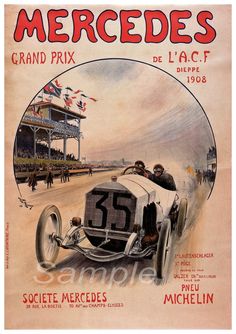 an old poster advertising a race at the racetrack with two men in a racing car