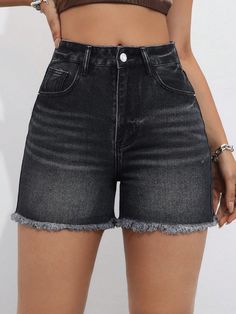 Women's Frayed Hem Casual Denim Shorts With Pockets , Black Jean Shorts Dark Grey Casual   Denim Plain Straight Leg Non-Stretch  Women Clothing, size features are:Bust: ,Length: ,Sleeve Length: Black High Waist Summer Jeans, High Waist Black Summer Jeans, Black High Waist Jeans For Summer, High Waist Black Jeans For Summer, Black Jean Shorts With Frayed Hem, Trendy Black Straight Leg Shorts, Black High-waisted Denim Shorts, Washed Black Denim Cutoff Shorts, Black Denim Jean Shorts For Summer