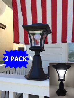 two different pictures of a lamp post and american flag in the background with 2 packs