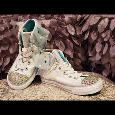 Beautiful Handcrafted Converse Shoes With Iridescent Rhinestones And Tulle Backing With Pearls And Rhinestones. Zippers On Sides Of Shoes For Easy On And Off. Converse Sneakers With Rhinestones And Round Toe, Converse White, Rhinestone Shoes, Kids Converse, Shoes Color, Converse Shoes, Kids Shoes, Converse, Shoes Sneakers