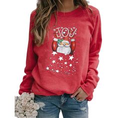 Red Cotton Blend Joy Christmas Print Sweatshirt Red Letter Print Top For Winter, Winter Red Top With Graphic Print, Red Winter Top With Graphic Print, Red Graphic Print Top For Winter, Red Long Sleeve Christmas T-shirt, Red Holiday Tops For Fall, Red Tops For Fall Holiday, Red Tops For Holiday In Fall, Red Tops For Holiday And Fall Season