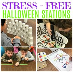 there are pictures of different activities for kids to do with the halloween stations and games