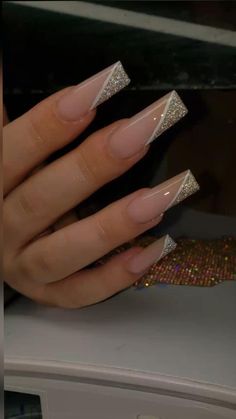 Nails Gold Reflective Nails, French Tip And Glitter Nails, Reflective French Tip Nails, Glitter French Tips Coffin, Cute Neutral Nails Acrylic, Square Long Nails Acrylics, Gold French Tip Nails Coffin, Reflective Nails Design, Cute Long Acrylic Nails Coffin