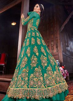 Dark Sea Green Designer Heavy Embroidered Bridal Anarkali Gown-Saira's Boutique Green Anarkali Suits, Bridal Anarkali, Green Anarkali, Blue Anarkali, Dark Sea Green, Dark Sea, Lehenga Style, Net Lehenga, Indian Gowns Dresses