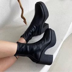 Selling These Super Cool Black Disco Style Boots! Never Been Worn, Still In The Box. I Purchased From A Seller On Etsy, But They Don’t Fit Perfectly And I Can’t Return Them. I Bought For $140 And Am Hoping To Get $130 For Them. Let Me Know If You Have Any Questions! Fitted Chunky Platform Heeled Boots With Round Toe, Trendy Heeled Boots With Sculpted Heel And Round Toe, Winter Chunky Platform Heels, Trendy Platform Boots With Sculpted Heel And Square Toe, Black Platform Boots For Winter, Edgy Fitted Platform Boots With Block Heel, Fitted Platform Boots With Padded Ankle And Round Toe, Fitted Chunky Platform Heeled Boots With Block Heel, Trendy Black Ankle-high Platform Boots