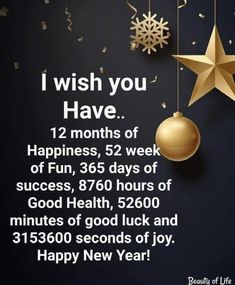 a happy new year message with gold decorations and stars on the dark blue background that says, i wish you have 12 months of happiness