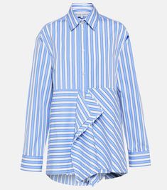 Striped peplum cotton shirt in blue - JW Anderson | Mytheresa Chic Cotton Blouse With Spread Collar, Chic Cotton Top With Spread Collar, Spring Cotton Shirt With Ruffles, Cotton Ruffle Shirt, Chic Cotton Shirt With Spread Collar, Chic Cotton Shirt With Buttons, Cotton Ruffle Button-up Tops, Cotton Button-up Tops With Ruffles, Cotton Ruffled Button-up Tops