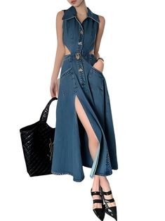 Casual and daily use denim maxi dress, buttons closure pockets on front. Casual style. Sleeveless. Buttons front close. V-neck. Open leg. Loose fit. Cut out sides and back details. 30% cotton, 70% yasser (viscose and cotton). Color may be lighter or darker depending of the device it is displayed. High Heel Wedges Platform, Denim Maxi Dress, Dress Buttons, Denim Maxi, Romper And Jacket, Dark Blue Jeans, Midi Short Sleeve Dress, Wide Pants, Sleeveless Maxi Dress