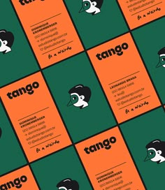 an orange and green business card with the word tango in black letters on it