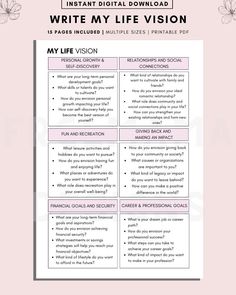 a pink and white poster with the words write my life vision written in black on it