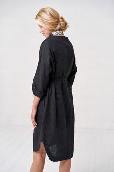 "Stylish linen belted dress with irregular midi length, rolled up sleeves and two side pockets. Classical black color is never boring, always appreciated and suits everybody! Feminine, rounded style of this dress has romantic vibe, yet it is sophisticated and even modest, suitable for everyday or some formal events. Stonewashed linen fabric gives this garment unique appearance and feel of softness, which I am sure you will highly appreciate! FABRIC: 100% Highest quality, stonewashed linen MODEL: Elegant Midi Dress With Roll-up Sleeves, Knee-length Work Dresses With Roll-up Sleeves, Knee-length Dresses With Roll-up Sleeves For Work, Elegant Fall Dress With Roll-up Sleeves, Elegant Knee-length Dresses With Rolled Sleeves, Chic Midi Dress With Roll-up Sleeves, Spring Black Belted Dress For Daywear, Black Belted Dress For Spring Daywear, Black Dresses With Pockets For Daywear