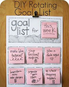 a bulletin board with pink sticky notes on it that says goal list for this week