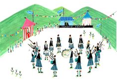 a drawing of some people in kilts playing bagpipes and drums on a field