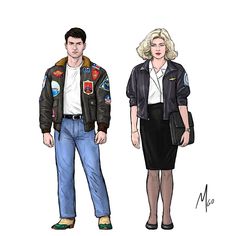 a man and woman are standing next to each other wearing jackets with patches on them