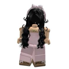 a lego girl with long black hair wearing a pink dress and brown boots, standing in front of a white background