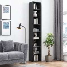 a living room with a couch, bookshelf and pictures hanging on the wall