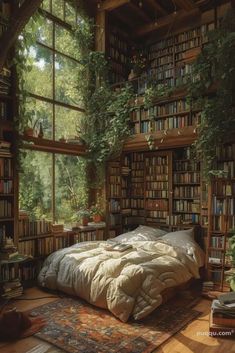 an image of a bedroom with bookshelves and plants in the window sill