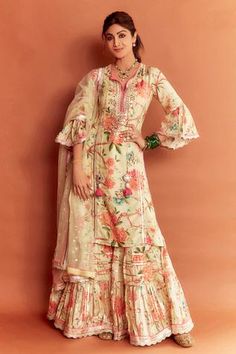 Shop for Gopi Vaid Yellow Cotton Silk Floral Print Kurta Sharara Set for Women Online at Aza Fashions Gopi Vaid, Kurta Sharara Set, Kurta Sharara, Stylish Short Dresses, Kurta Designs Women, Sharara Set, Kurta Designs, Kurti Designs, Set For Women