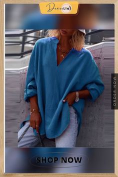 Women Autumn Casual Long Sleeve V-neck Blouse Solid Color Loose Pullover Top Ladies Commuter Fashion Simple All-match Shirt Trendy Oversized V-neck Blouse, Casual Long Sleeve V-neck Top For Summer, Oversized V-neck Casual Tops, Casual Solid V-neck Blouse, Trendy Long Sleeve V-neck Top For Summer, Casual Solid Color V-neck Top For Summer, Casual Long Sleeve Solid Color Blouse, Trendy V-neck Blouse For Fall, Solid V-neck Blouse For The Beach