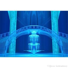 an animated image of a fountain in the middle of a blue room with stairs leading up to it