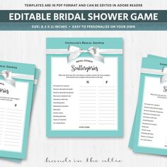 the editable bridal shower game is shown in turquoise and white with silver bows