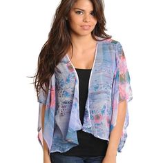 Pastel Floral Ruana Wrap Kimono. Beautiful And Very Feminine Roomy Sizing For A Flowing Fit. These Are Open At The Front. 19" At Shortest Length In Front And 27" At The Back. Spring Purple Chiffon Top, Blue Tops With Kimono Sleeves, Ruana Wrap, Lilac Pink, Oasis Fashion, Pastel Floral, Boutique Brands, Pink Purple, Pink Blue