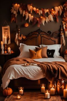 Step into an elegant enigma this Halloween. Elevate your home decor with a touch of mystery and create a spellbinding atmosphere. 🕯️🔮 #ElegantEnigma #MysteriousDecor #HalloweenMagic Mushroomcore Bedroom, Whimsigoth Interior, Halloween Themed Bedroom, Halloween Bedroom Aesthetic, Halloween Dorm, Fall Bedroom Decor, Halloween Bedroom, Halloween Countdown