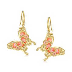 Ross-Simons - Italian Pink, Orange Enamel Butterfly Drop Earrings Over Sterling. Fluttery and fancy-free, these lovely butterfly drop earrings show off a striking mix of pink and orange enamel in textured and polished 18kt yellow gold over sterling silver. Hanging length is 2". Made in Italy. Earwire, enamel butterfly drop earrings. Enamel Butterfly, Fine Jewelery, Sterling Jewelry, The Authority, Butterfly Earrings, Fine Jewellery Earrings, Pink Orange, Pink And Orange, Metallic Silver